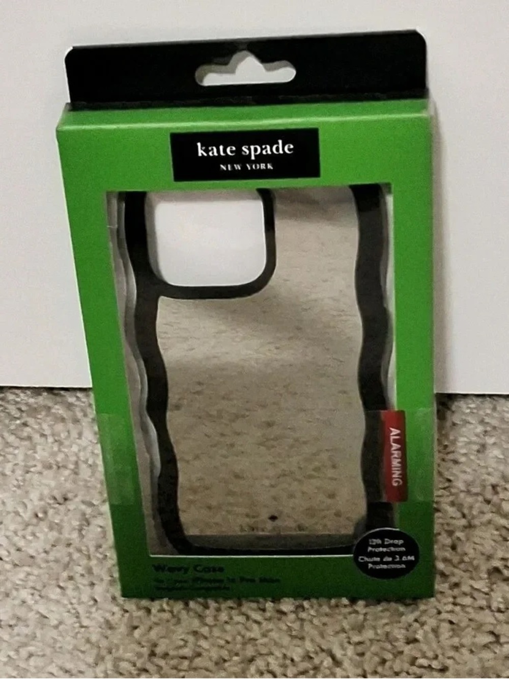 kate spade Clear iPhone Case with Black Scalloped Trim in Green Packaged Box